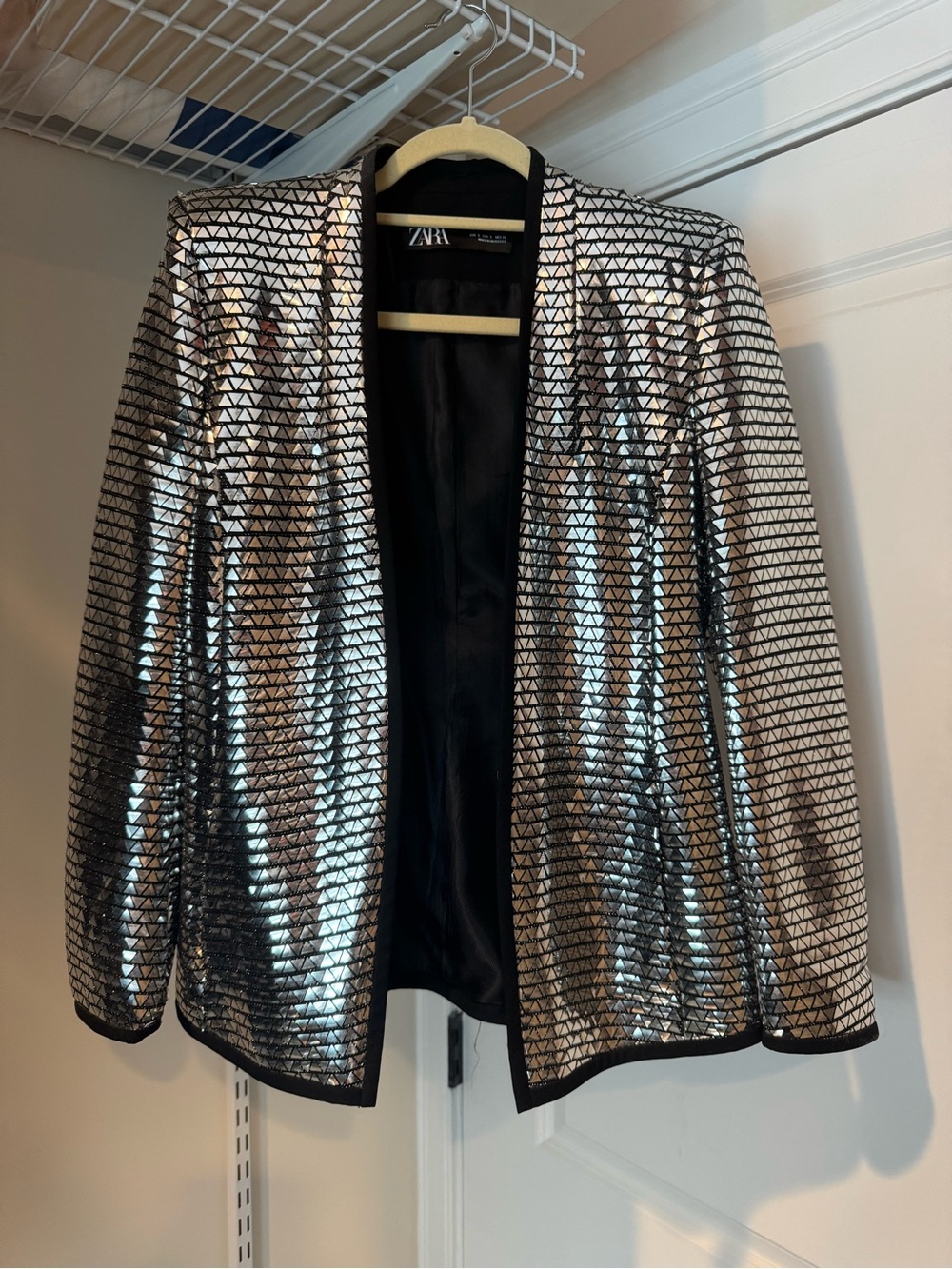 Zara Metallic Silver Sequin Triangle-Pattern Blazer